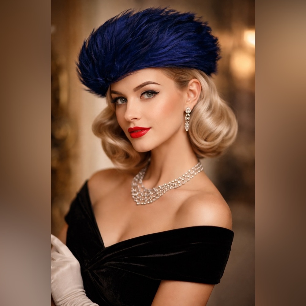 Vintage Royal Blue Feather Pillbox Hat | 1930s–1960s Glam Statement Hat Size 8X8